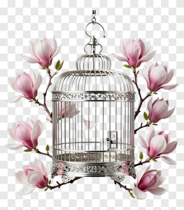 Silver Birdcage With Pink Magnolia Flowers PNG