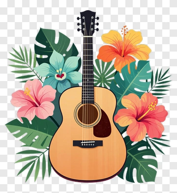 Acoustic Guitar With Tropical Flowers PNG