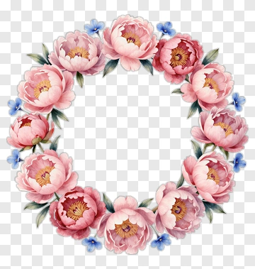 Pink Peony Flower Wreath With Blue Accents PNG
