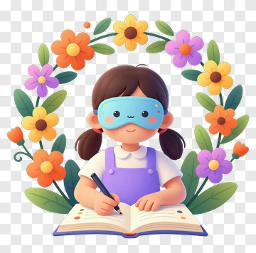 Child Writing With Eye Mask PNG