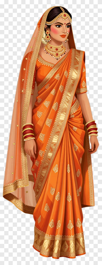 Woman In Orange Saree With Gold Embellishments PNG