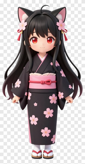Anime Girl With Cat Ears In Cherry Blossom Kimono PNG