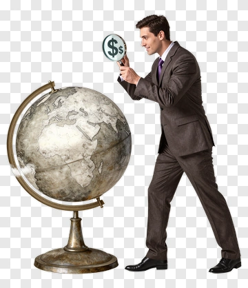 Man Examining Globe With Magnifying Glass PNG