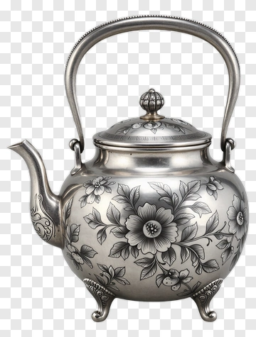 Silver Teapot With Floral Pattern PNG