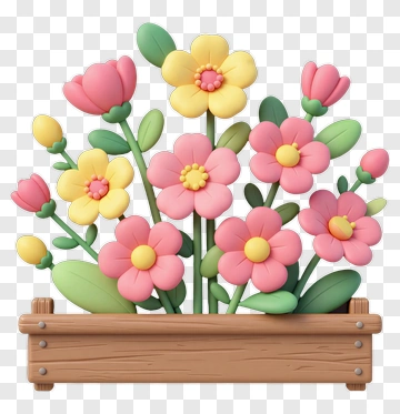 Colorful Flower Arrangement In Wooden Planter PNG