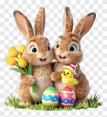 Two Bunnies With Chick And Easter Eggs PNG