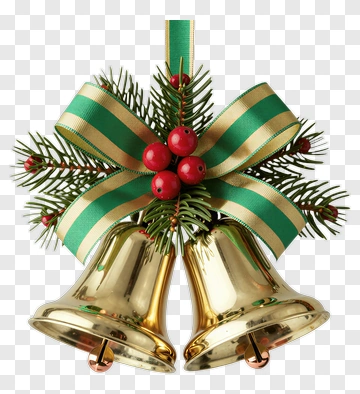 Gold Christmas Bells With Ribbon And Berries PNG