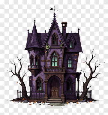 Purple Haunted House With Bare Trees PNG