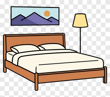 Bed With Lamp And Mountain Painting PNG
