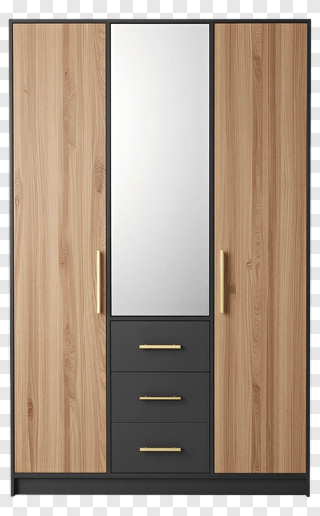 Modern Wooden Wardrobe With Mirror PNG