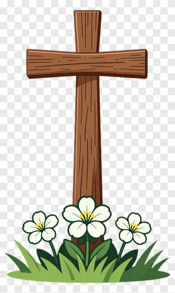 Wooden Cross With White Flowers PNG