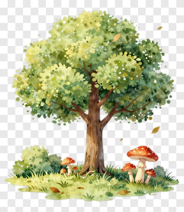 Watercolor Tree With Red Mushrooms PNG