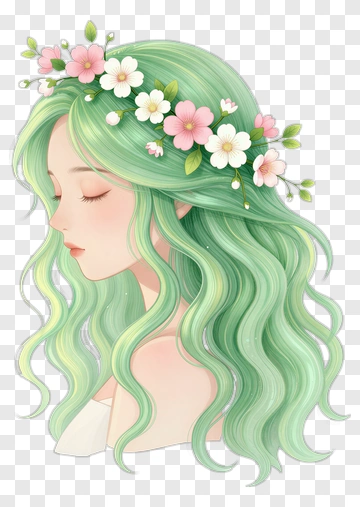 Girl With Green Hair And Flower Crown PNG