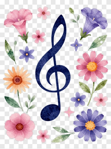 Treble Clef Among Watercolor Flowers PNG