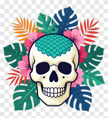 Tropical Mermaid Skull With Floral Design PNG