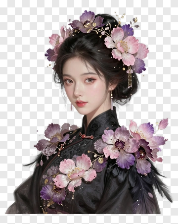 Elegant Woman In Traditional Attire With Floral Headdress PNG