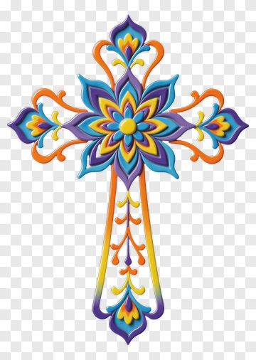 Ornate Colorful Cross With Floral Design PNG