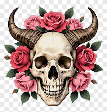 Skull With Bull Horns And Roses PNG