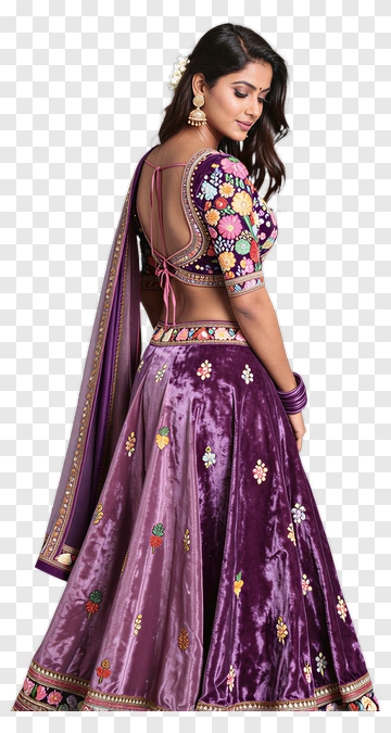 Woman In Purple Velvet Embroidered Lehari PNG