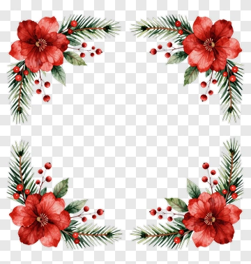 Watercolor Red Flower And Pine Branches PNG