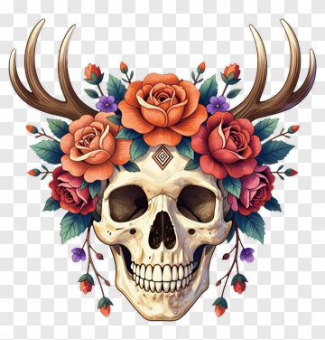 Skull With Deer Antlers And Roses PNG