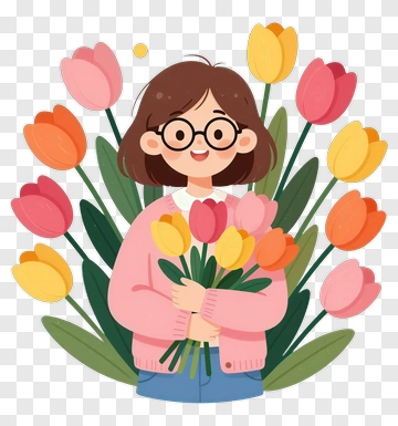 Girl Holding Tulips PNG