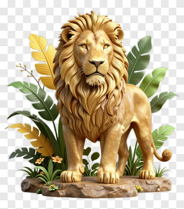 Golden Lion Statue With Tropical Plants PNG