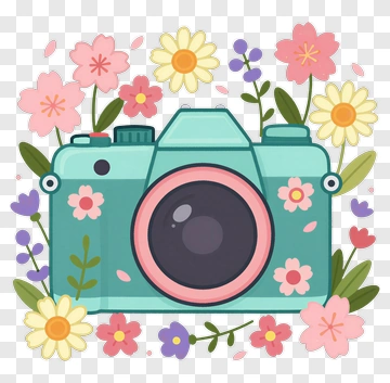 Teal Camera Surrounded By Flowers PNG