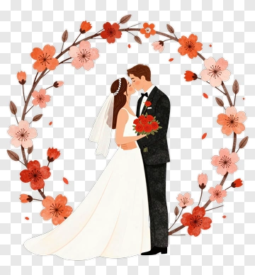 Bride And Groom Kissing Under Cherry Blossoms PNG