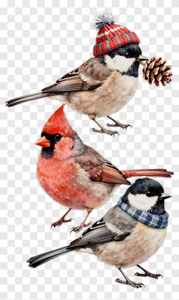 Three Birds In Winter Attire PNG