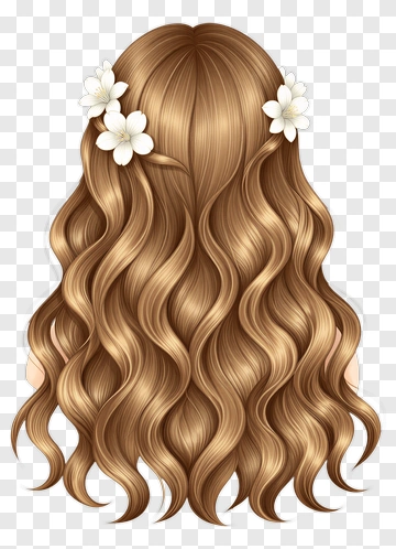 Long Wavy Brown Hair With White Flowers PNG