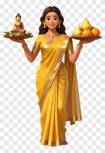 Woman In Yellow Sari Holding Buddha Statue And Fruits PNG