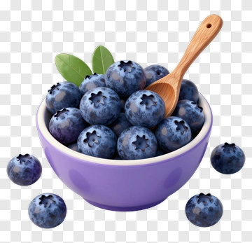 Blueberries In A Purple Bowl With Wooden Spoon PNG