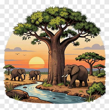 Elephants By The Banyan Tree At Sunrise PNG