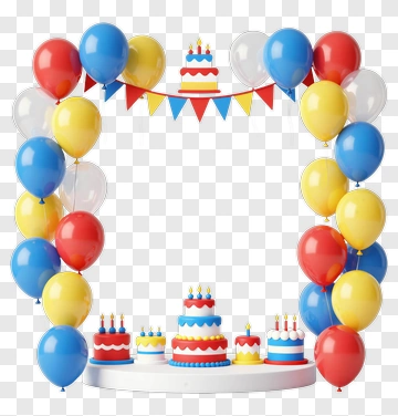 Birthday Cake With Balloons And Banner PNG