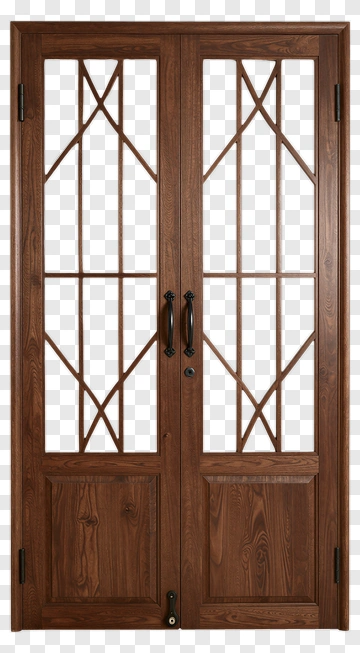 Classic Wooden Double Door With Glass Panels PNG