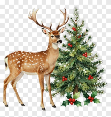 Deer With Christmas Tree And Holly PNG