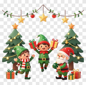 Elf And Santa Claus With Christmas Tree And Gift Box PNG