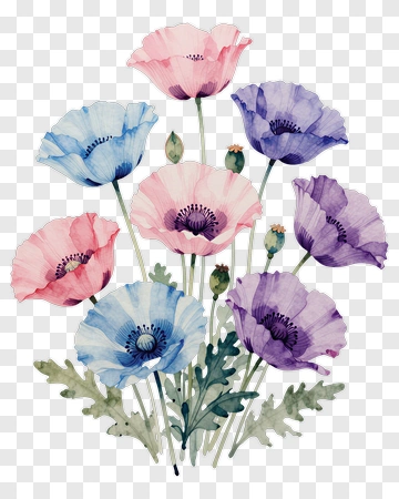 Watercolor Poppy Flower Bouquet PNG