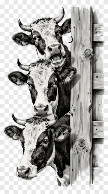 Three Cows Peeking From Behind A Wooden Fence PNG