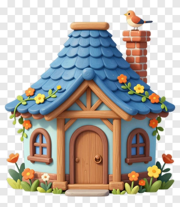 Blue Cottage With Bird On Chimney PNG