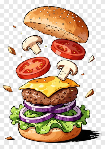 Cartoon Cheeseburger With Fresh Ingredients PNG
