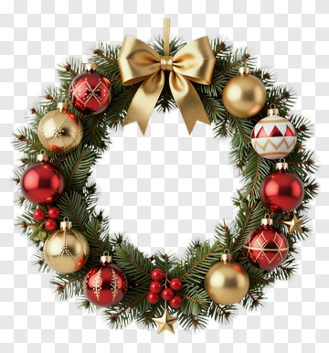 Christmas Wreath With Gold And Red Ornaments PNG