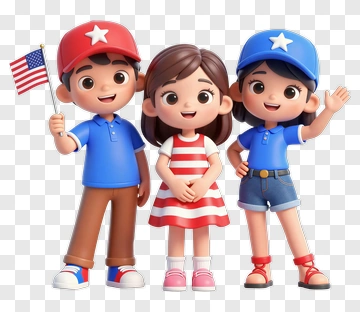 Three Happy Children Holding American Flag PNG
