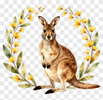 Watercolor Kangaroo With Floral Wreath PNG