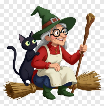 Witch With Cat On Broomstick PNG