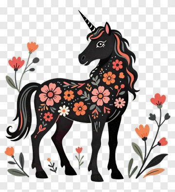 Black Unicorn With Floral Pattern PNG