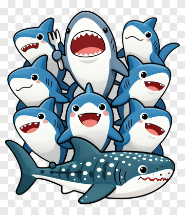 Group Of Happy Sharks And Whale Shark PNG