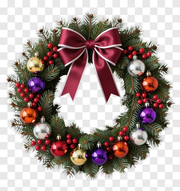Christmas Wreath With Ribbon And Baubles PNG