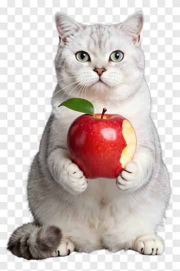 White Cat Holding Red Apple PNG